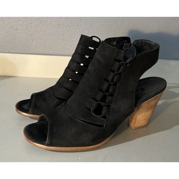 Paul Green Mindy Block Heel Bootie Peep Toe Sandals Black Suede Leather Size 6.5 - Picture 1 of 6